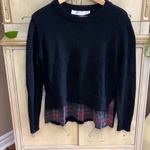Simons S black knit sweater with fake plaid shirt